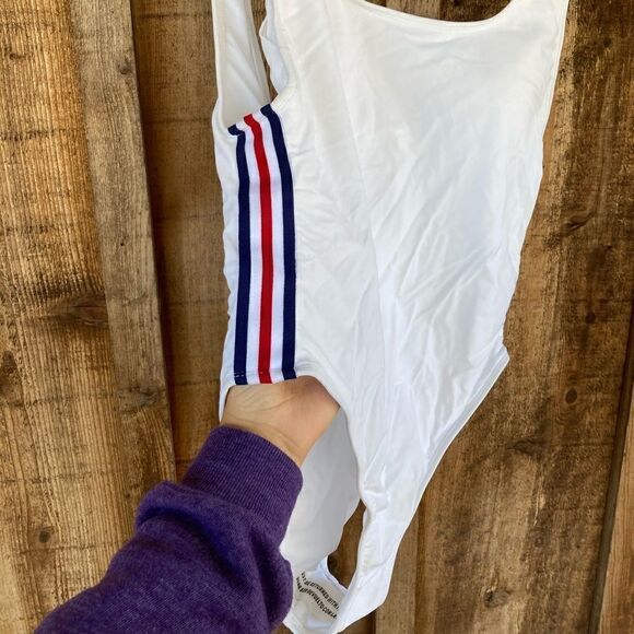 Xhilaration Sport Red and Blue Striped Sides Scoop Back One Piece White Swimsuit - Picture 4 of 7